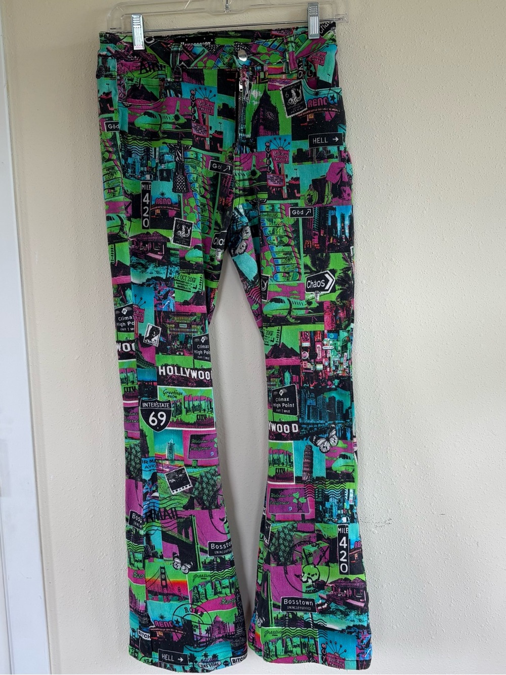 Dolls Kill Current Mood Midnight City Neon Collage Flared Jeans Sz S